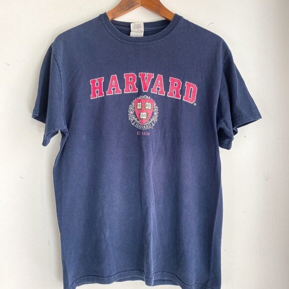 Distressed Harvard Print Navy Blue Burgundy T Shirt  M - Picture 4 of 5